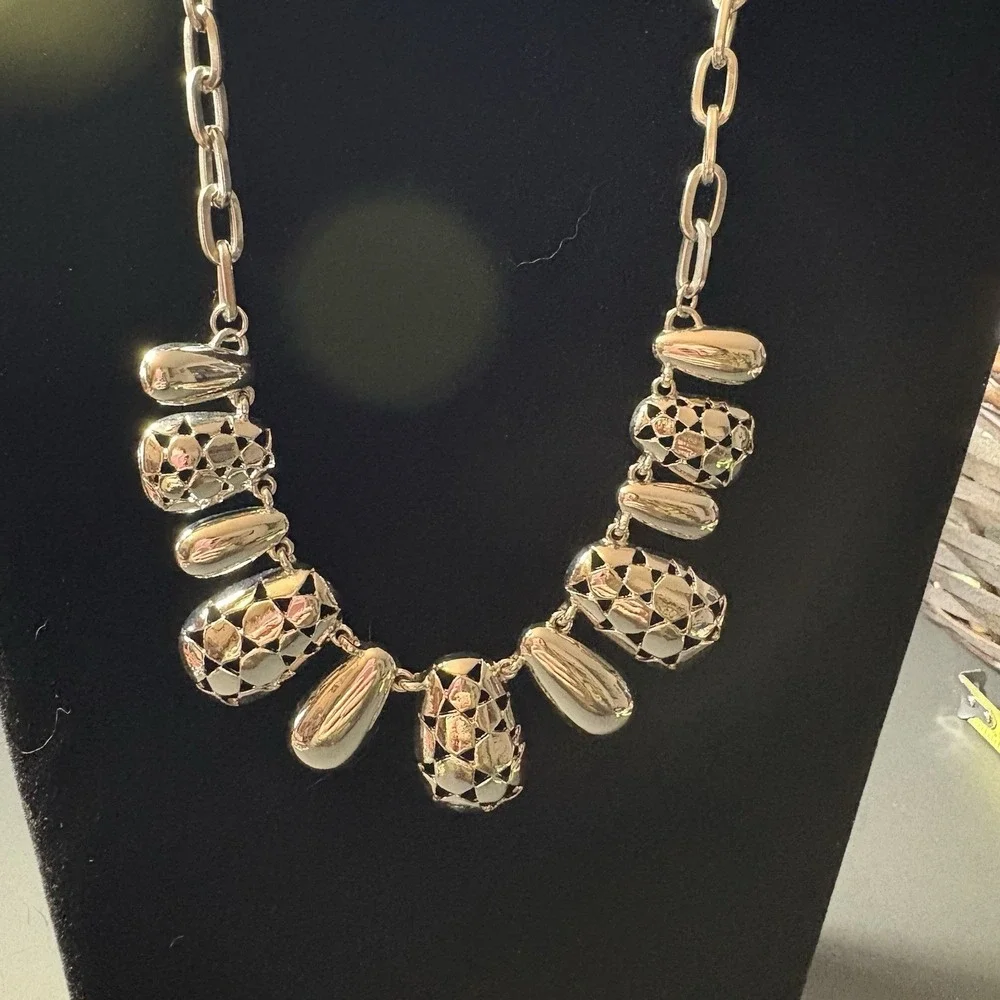 Statement Necklace Boho Chunky Silver Tone Metal Rhinestone‎ Modernist